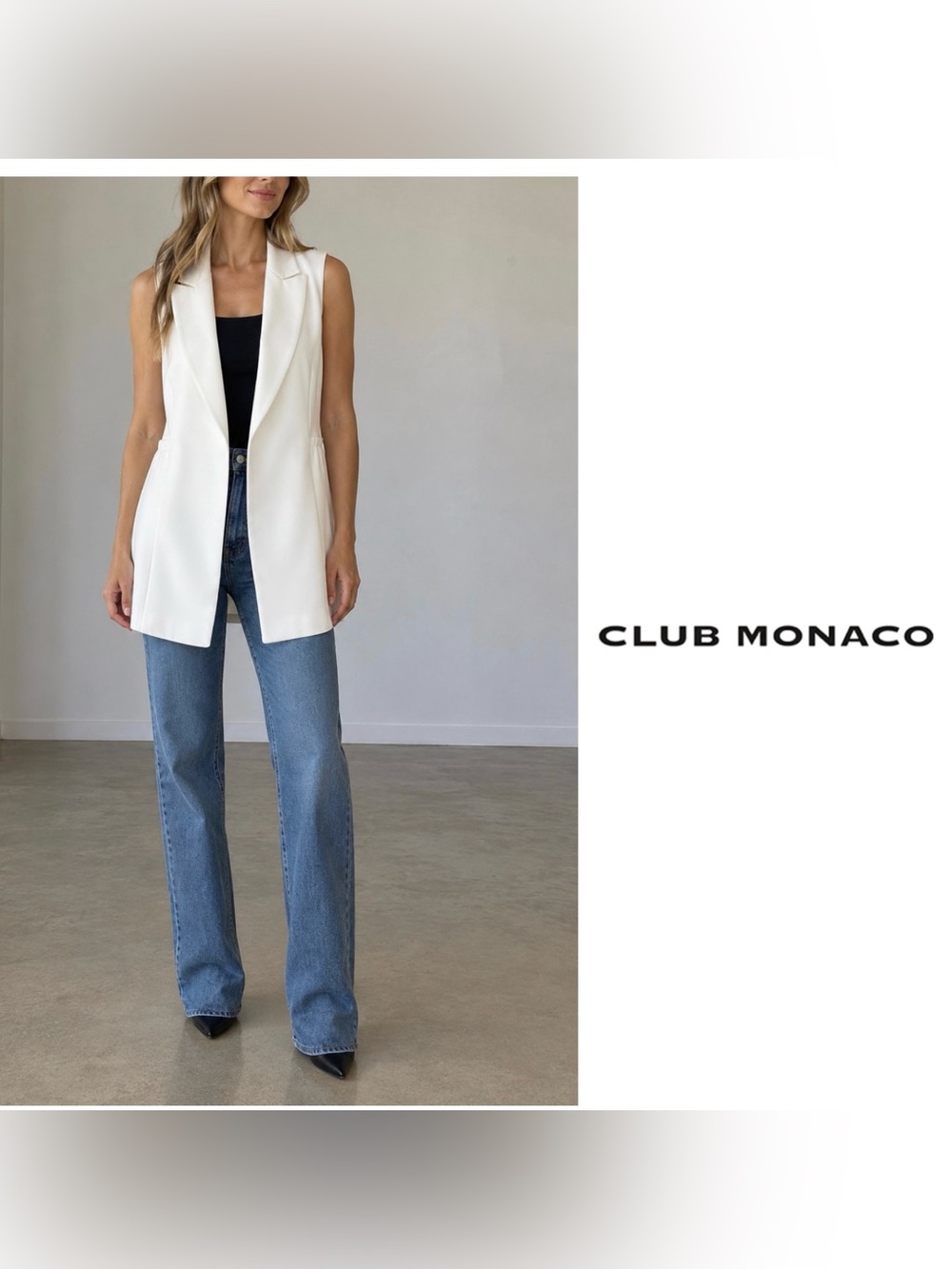 Club Monaco white open front sleeveless blazer cardigan duster vest, Size XS